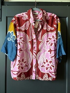 NWT Celandine Linen Blend Floral Print Button-Up Shirt-Red, Pink, Blue, Mustard